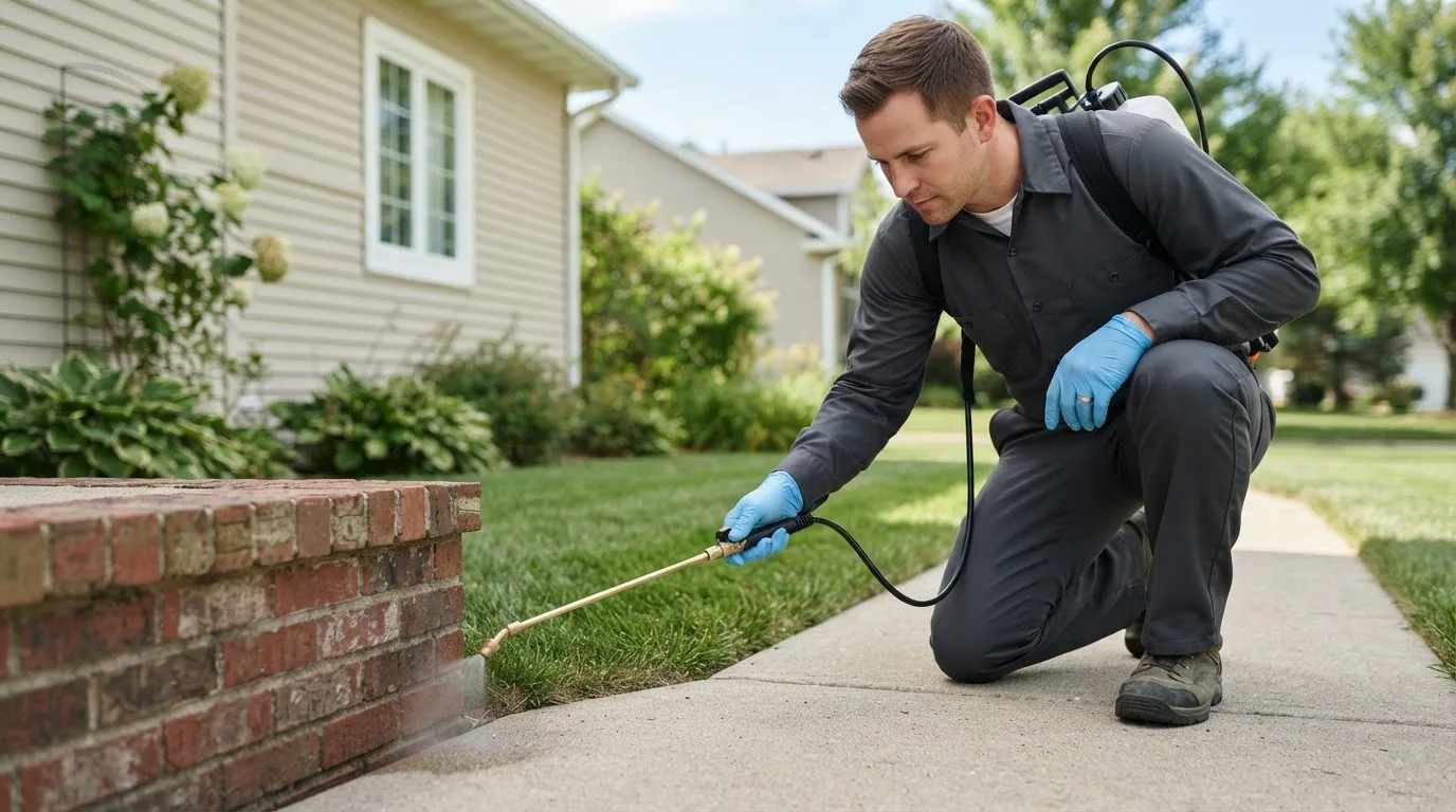Pest control technician treating a home near Neola, UT